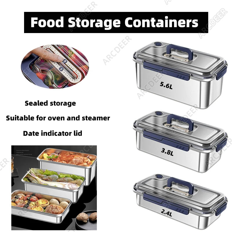 2.4/3.8/5.6L Kitchen Food Organizers with Lids 304 Stainless Steel Storage Box Large Capacity Leakproof Kitchens Accessories