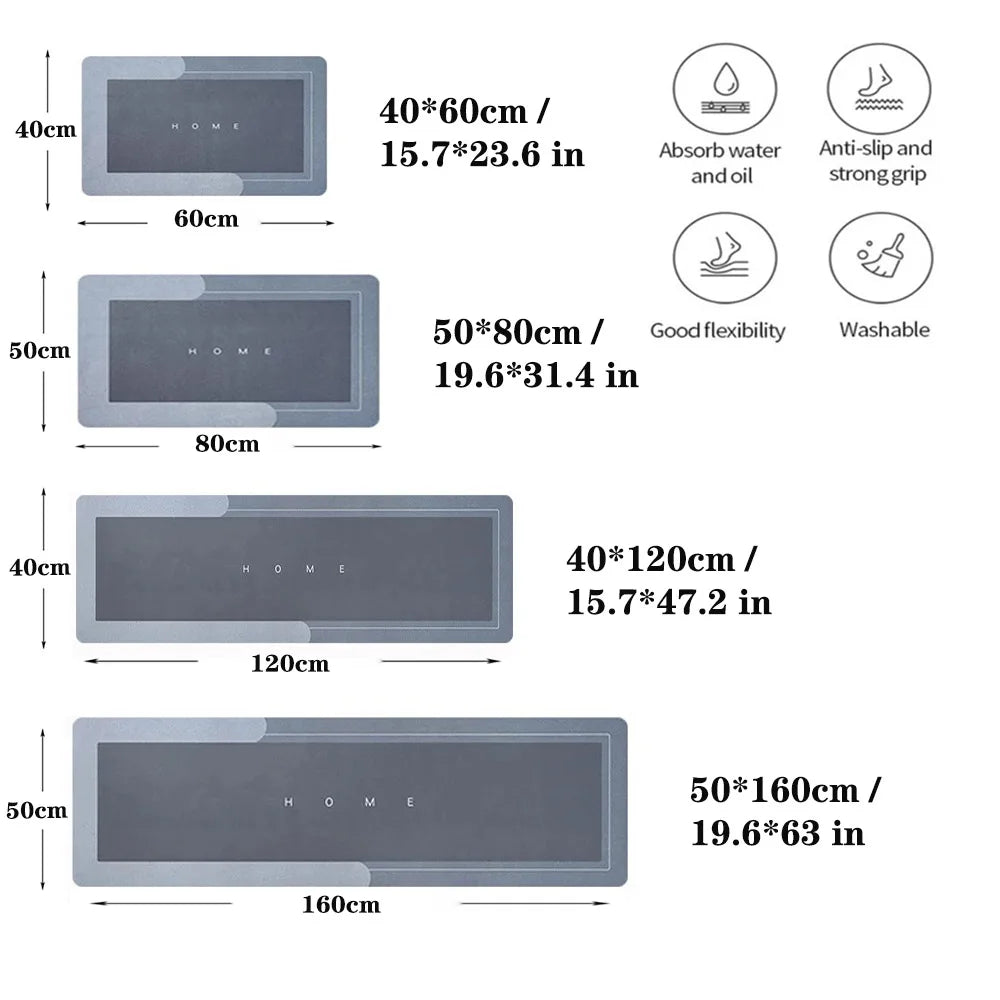 Kitchen Floor Mats Soft Waterproof Non-slip  Bathroom Entrance Foot Mats Household Long Strip Carpet Water-absorbent Floor Mats